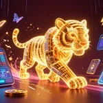 Experience excitement at lc88 com with a vivid casino landscape depicting a neon tiger and crypto symbols.