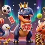Engage with thrilling casino action at 88vv featuring a T-Rex shuffling cards amidst dynamic sports elements.