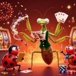 Experience excitement with Lolajack as a giant mantis deals cards and spins slots in a vibrant casino.