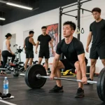 In de Prime Pharma Steroiden Winkel, een atleet laat zijn vastberadenheid zien tijdens de training met zware gewichten in een moderne sportschool.