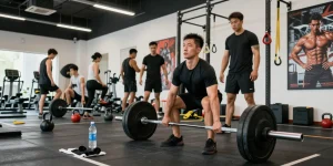 In de Prime Pharma Steroiden Winkel, een atleet laat zijn vastberadenheid zien tijdens de training met zware gewichten in een moderne sportschool.