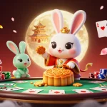 Engage in thrilling poker action with open88 and vibrant casino scenes featuring moon rabbits.