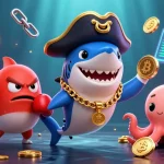 Engage with vibrant 23win casino scene featuring a pirate shark, pufferfish, and octopus amongst dynamic gaming elements.