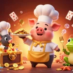 Experience thrilling gameplay with sun win in a vibrant casino scene of a chef pig, mouse, and frog.