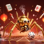Explore the rich details of the scene highlighting 'qq88 có uy tín không' as a golden steampunk spider weaves a web of luck.