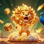 Engage with f168 in a vibrant 3D illustration of a lion, golden dice, and peacock surrounded by casino elements.