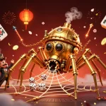 Aureon Casino showcases a vibrant scene with a steampunk spider and elements of luck in a dynamic gold-filled web